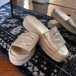 Prada 40MM Logo Espadrilles Gold